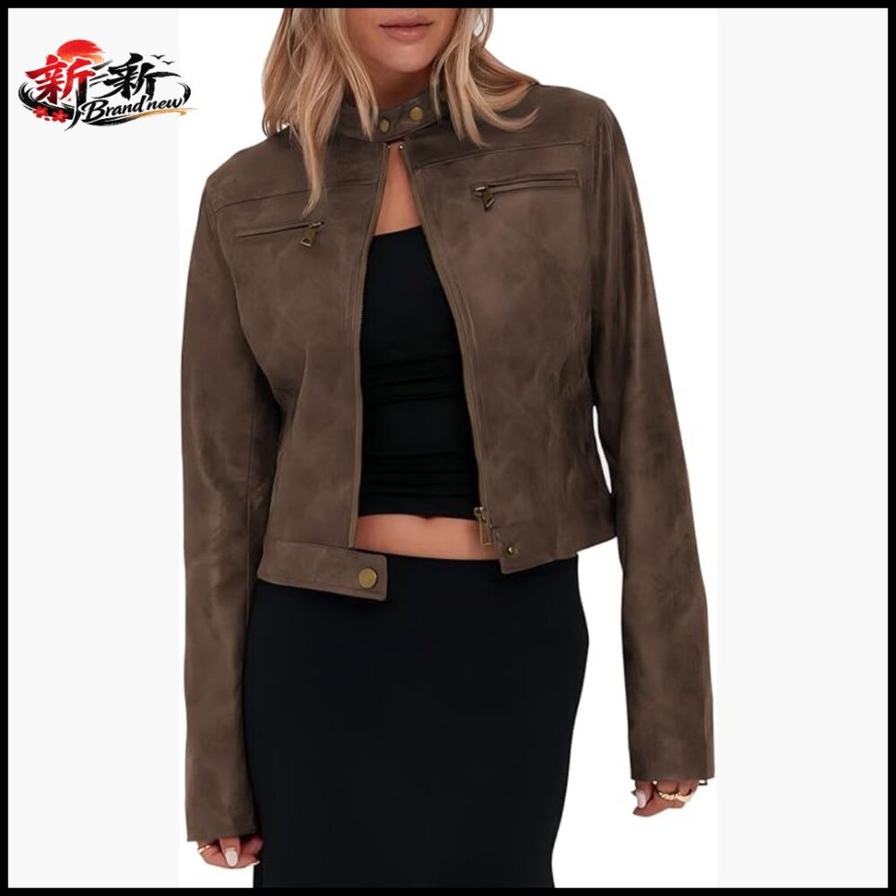 Faux Leather Cropped Jacket Vintage Zip Up Stand Collar Motorcycle Coat